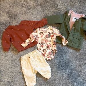 Old Navy Olive Hooded Jacket, Rust Sweatshirt, Floral Bodysuit, Cream Jeans